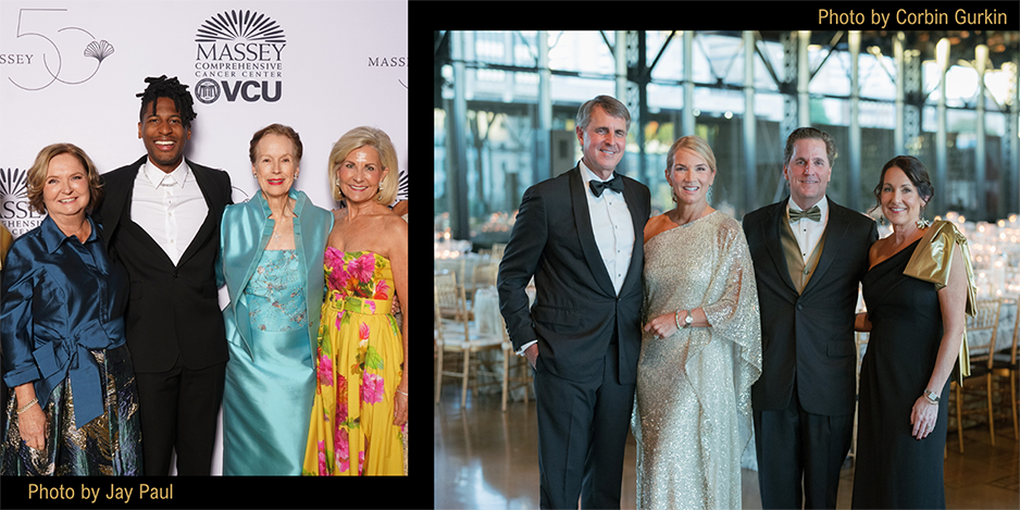 Left: Massey 50th Anniversary Golden Gala honorary chairs Lila Dickinson, Alice Goodwin and Vickie Snead, with honored guest Jon Batiste (center). Photo by Jay Paul. Right: Massey 50th Anniversary co-chairs (pictured left to right) David and Patricia Lyons, and Jim and Ellen Bonbright.