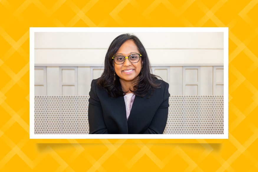 Dimple Patel, middle aged woman in portrait layered on yellow background