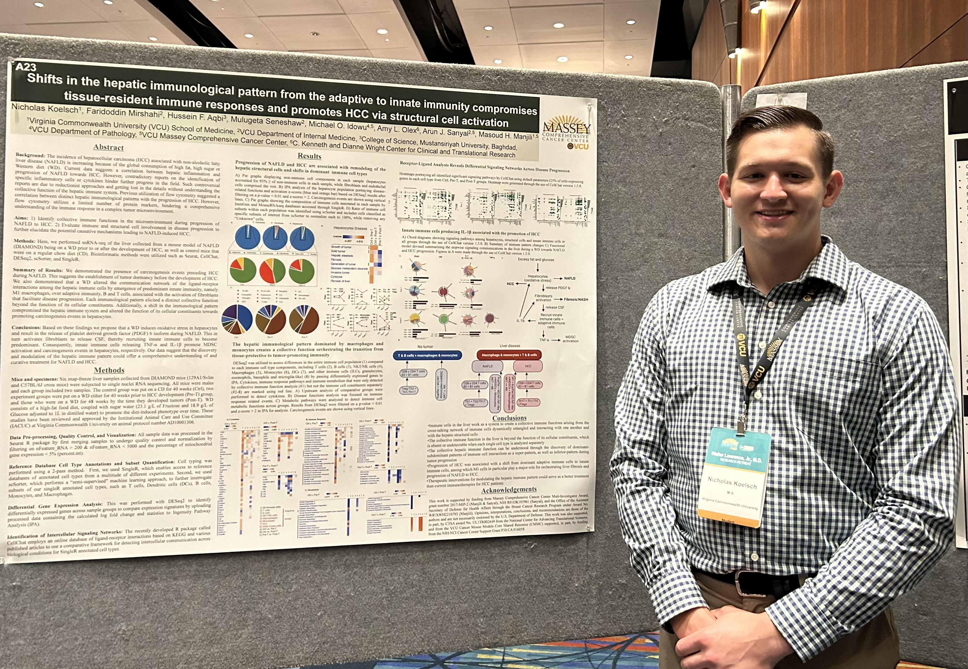 Nicholas Koelsch, M.S. pictured next to a research poster