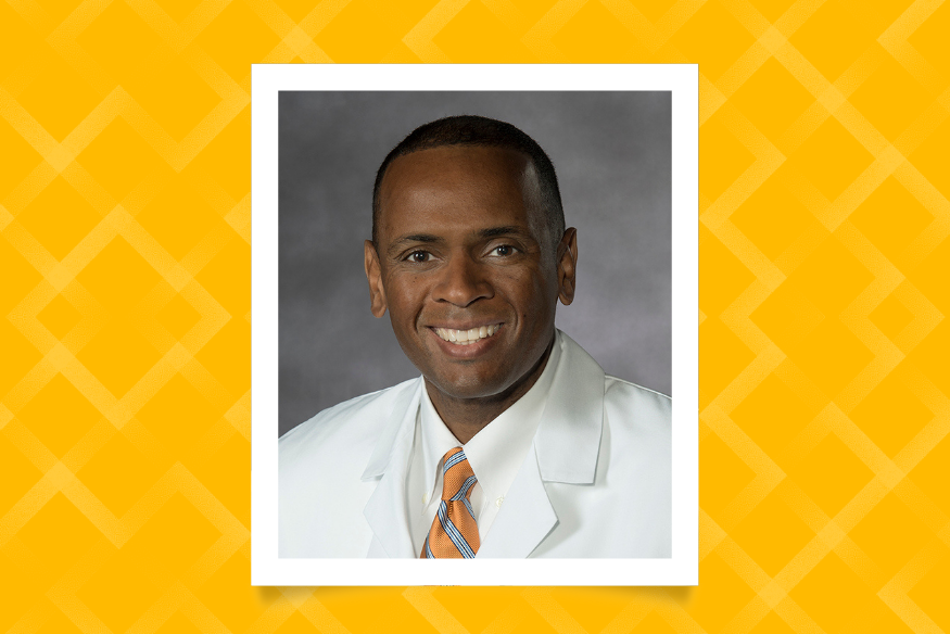 Headshot of Patrick Nana-Sinkam layered on top of yellow patterned background